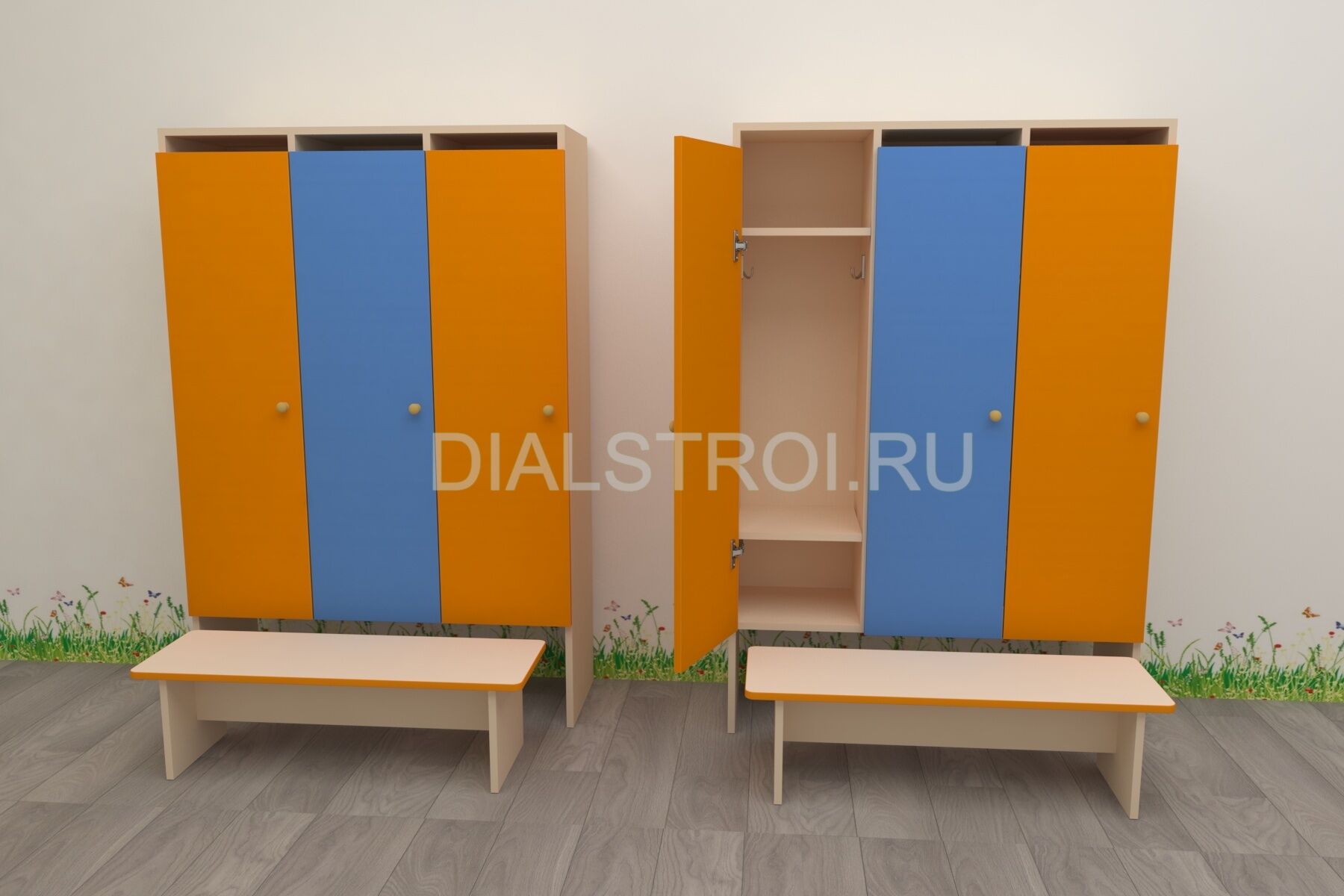 Шкафчик для детского сада из ЛДСП 3-секционный, с лавочкой