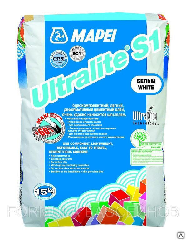 Плиточный клей цементный ULTRALITE S1 Ультралайт белый 15 кг