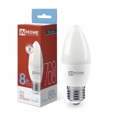Лампа светодиодная LED-СВЕЧА-VC 8 Вт свеча 6500К холодный цвет белый E27 760 лм 230 В IN HOME 4690612024820