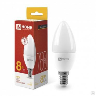Лампа светодиодная LED-СВЕЧА-VC 8 Вт свеча 3000К тепл. бел. E14 760лм 230В IN HOME 4690612020426 