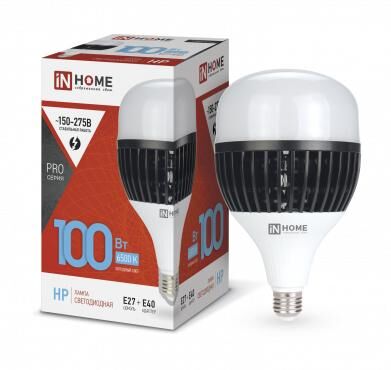 Лампа светодиодная LED-HP-PRO 100Вт грушевидная 6500К холод. бел. E27 9500лм 150-275В с адаптером E40 бел. IN HOME 46906