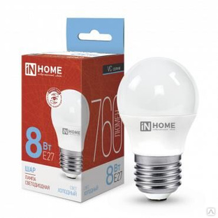 Лампа светодиодная LED-ШАР-VC 8Вт шар 6500К холод. бел. E27 760лм 230В IN HOME 4690612024905 