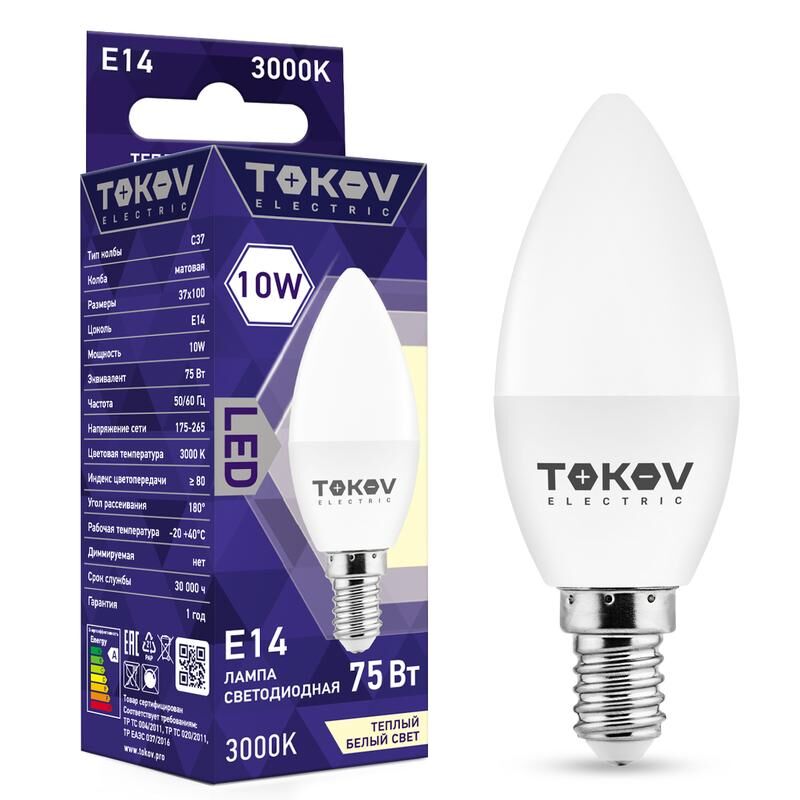 Лампа светодиодная 10 Вт С37 3000К Е14 176-264В TOKOV ELECTRIC TKE-C37-E14-10-3K