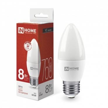 Лампа светодиодная LED-СВЕЧА-VC 8 Вт свеча 4000К нейтральный цвет белый E27 760 лм 230 В IN HOME 4690612020457