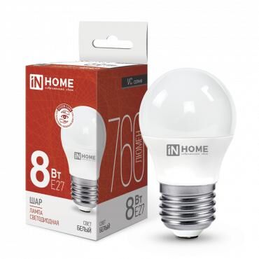 Лампа светодиодная LED-ШАР-VC 8 Вт шар 4000К нейтральный цвет белый E27 760 лм 230 В IN HOME 4690612020570