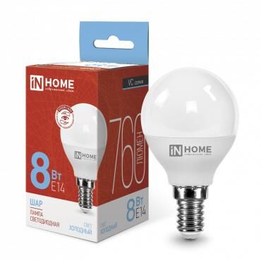 Лампа светодиодная LED-ШАР-VC 8 Вт шар 6500К холодный цвет белый E14 760 лм 230 В IN HOME 4690612024882