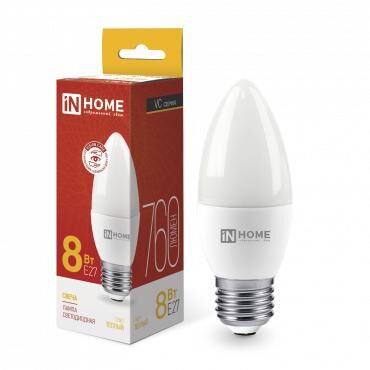 Лампа светодиодная LED-СВЕЧА-VC 8 Вт свеча 3000К тепл. бел. E27 760лм 230В IN HOME 4690612020440