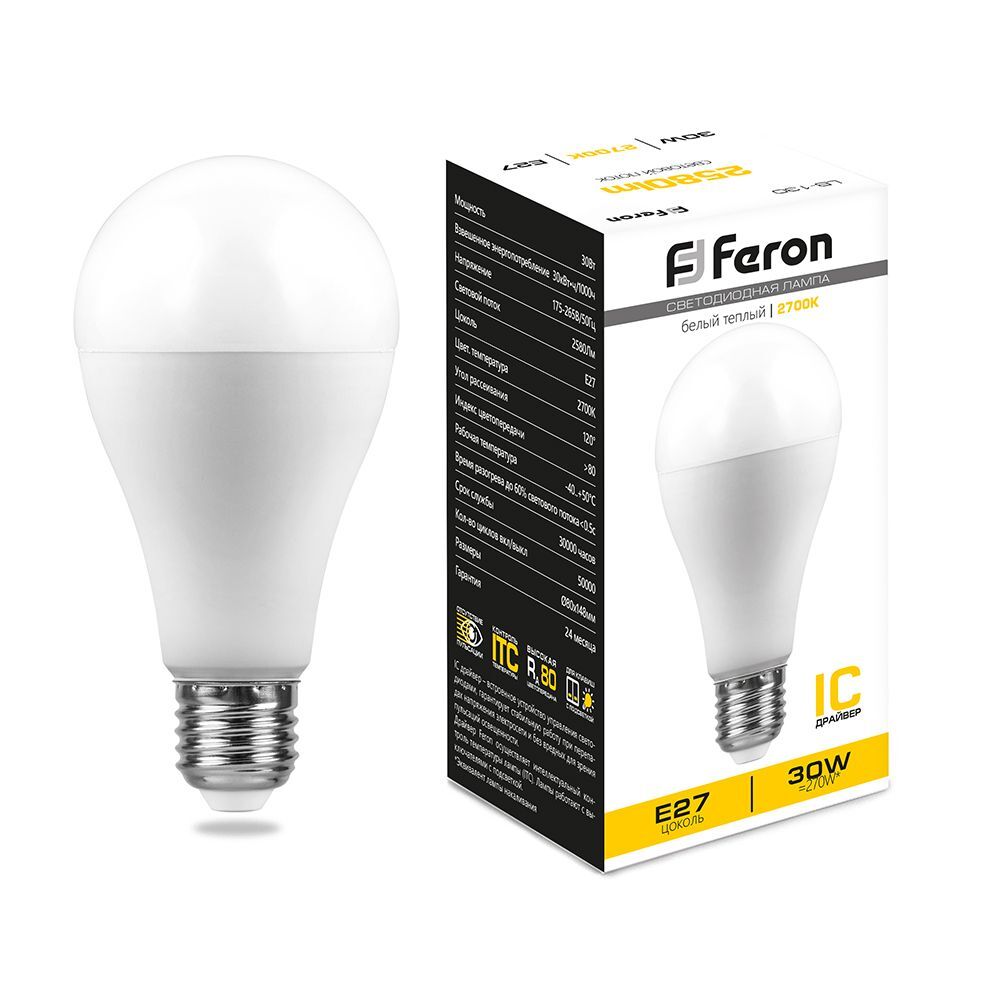 Лампа светодиодная LED 30вт Е27 теплый FERON
