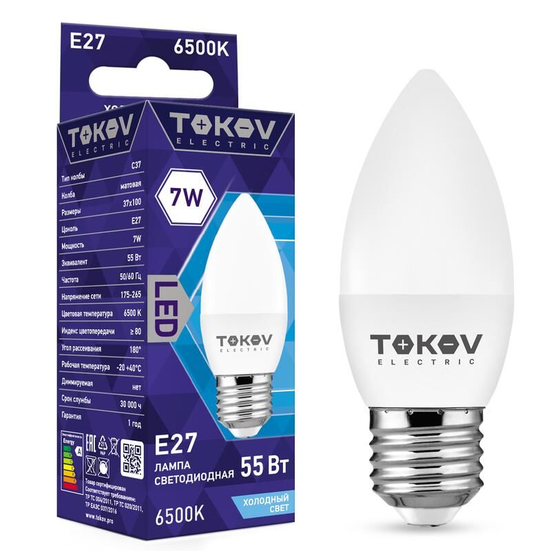 Лампа светодиодная 7 Вт С37 6500К Е27 176-264В TOKOV ELECTRIC TKE-C37-E27-7-6.5K