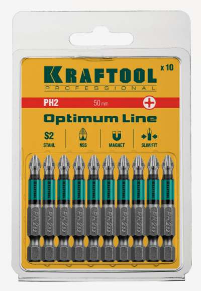 Биты KRAFTOOL "Optimum Line" PH2, 50 мм, тип хвостовика E 1/4"