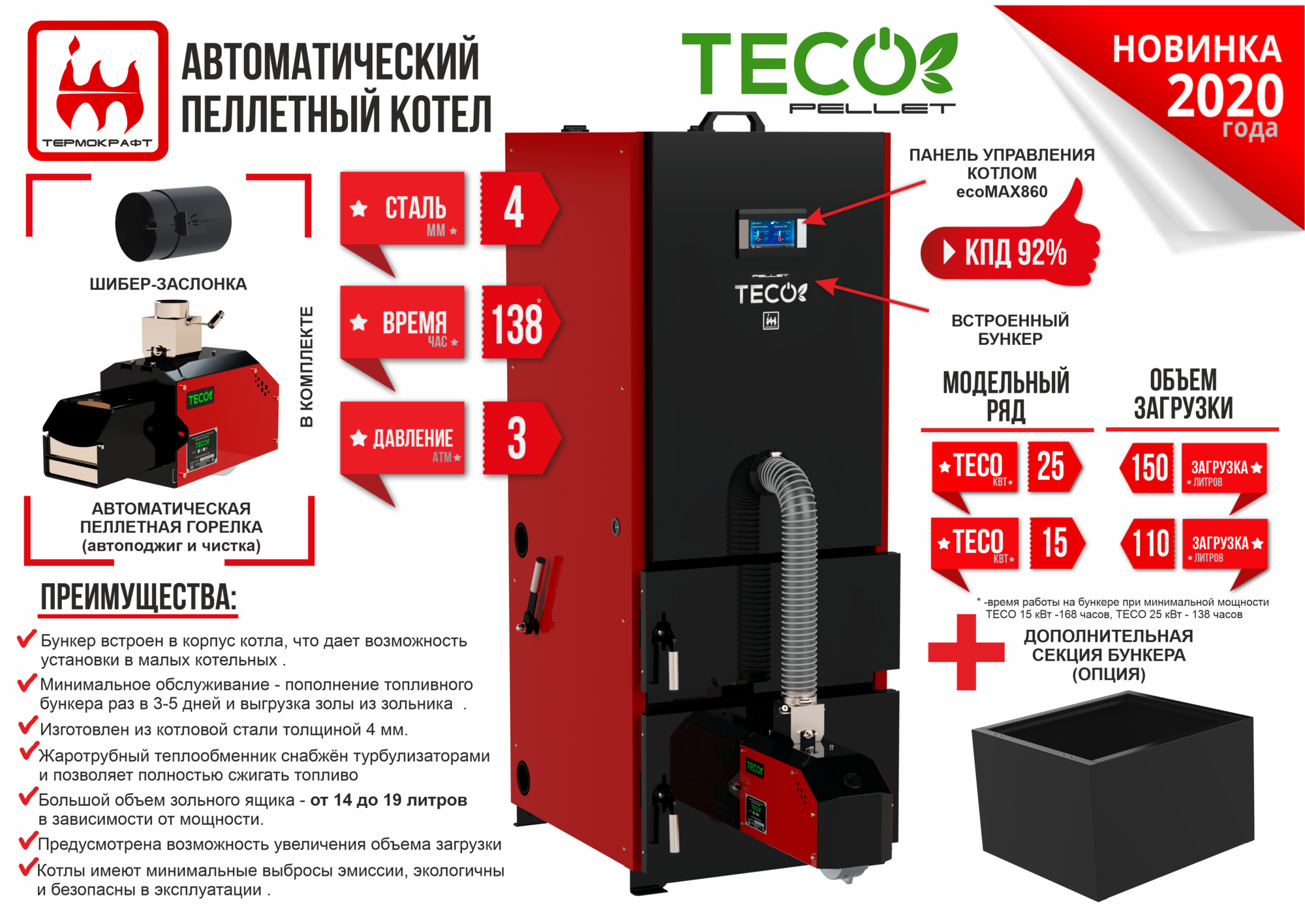 Котел автоматический пеллетный TECO 15 кВт, цена в Краснодаре от компании  Мир Котлов