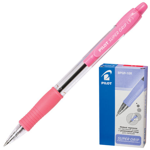 Ручка шариковая масляная автоматическая с грипом PILOT "Super Grip", СИНЯЯ, розовые детали, линия письма 0,32 мм